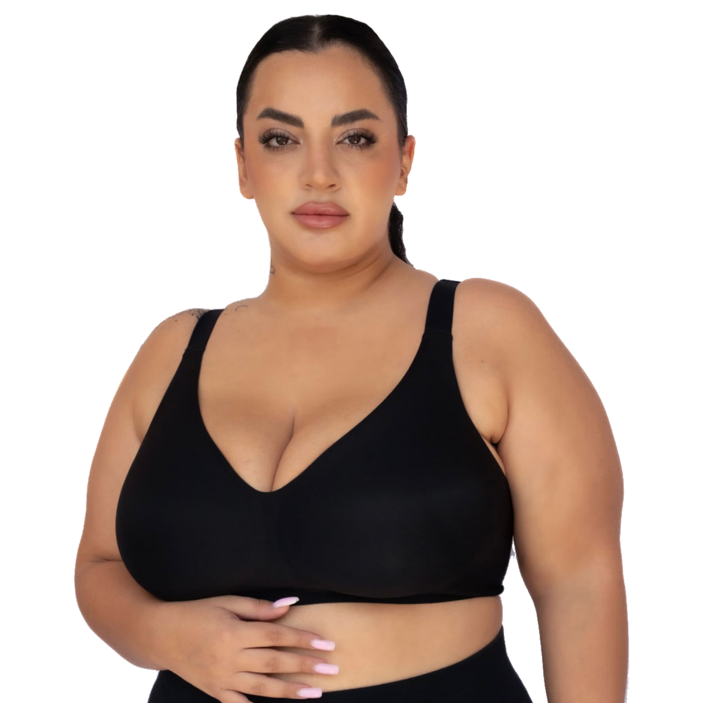 Model wears comfortable bra for large breasts in black front view