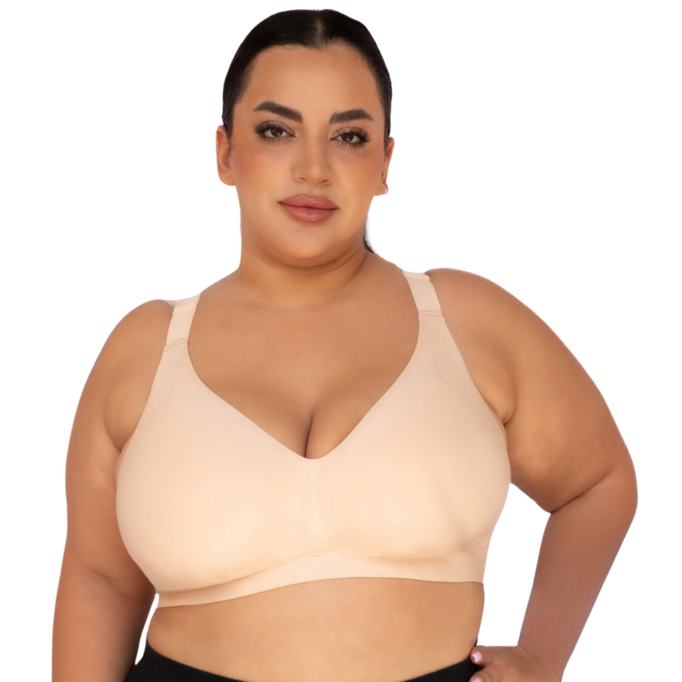 plus size model wears nude colour bra